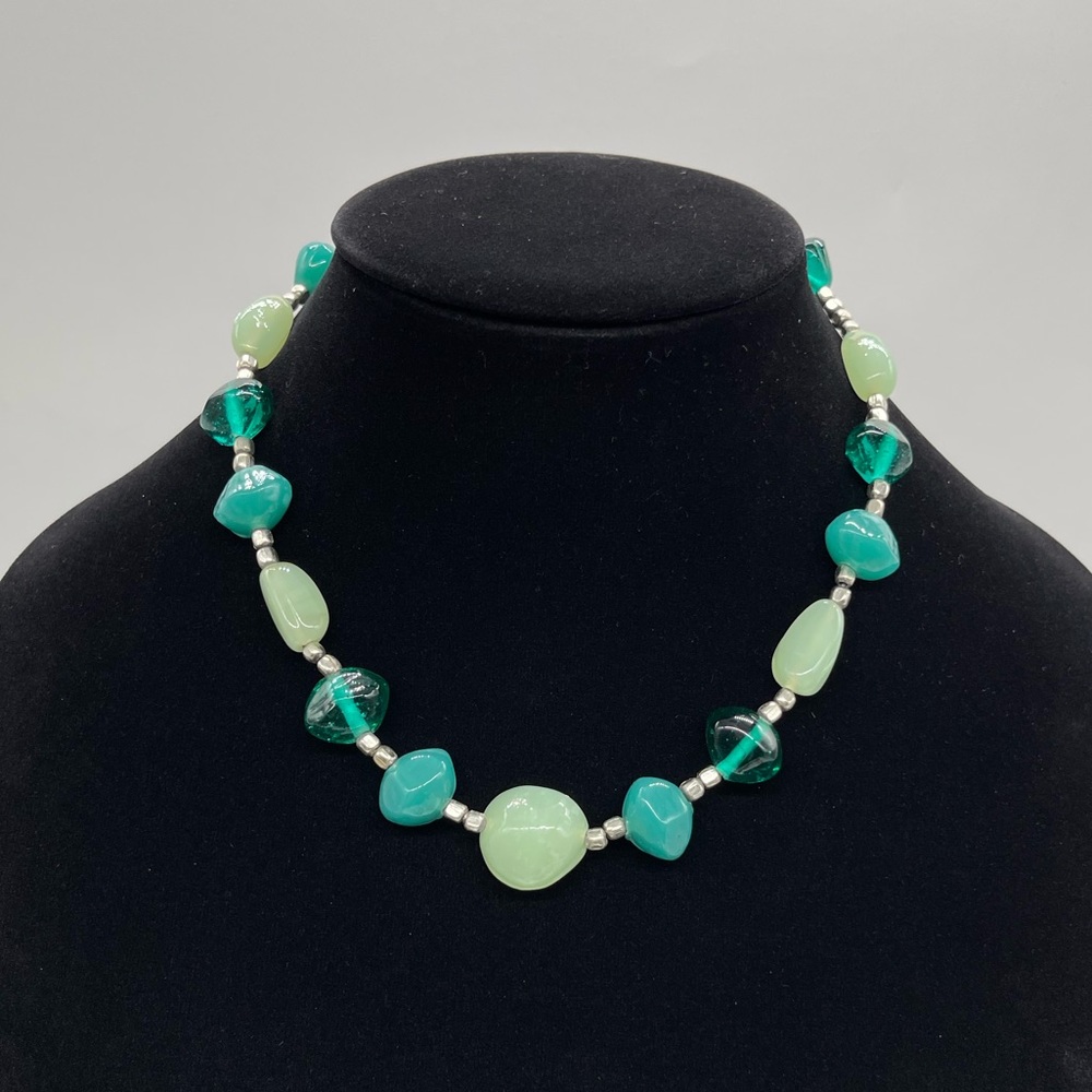 Glass Necklace with Multiple shades of Green on Silver tone chain